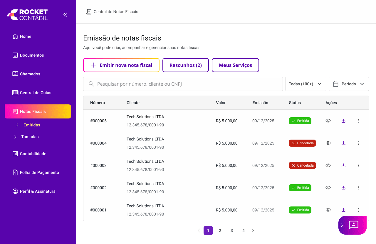 Central de Notas Fiscais da Rocket Contábil com a lista de notas emitidas, busca por cliente ou CNPJ, filtros e status de cada nota