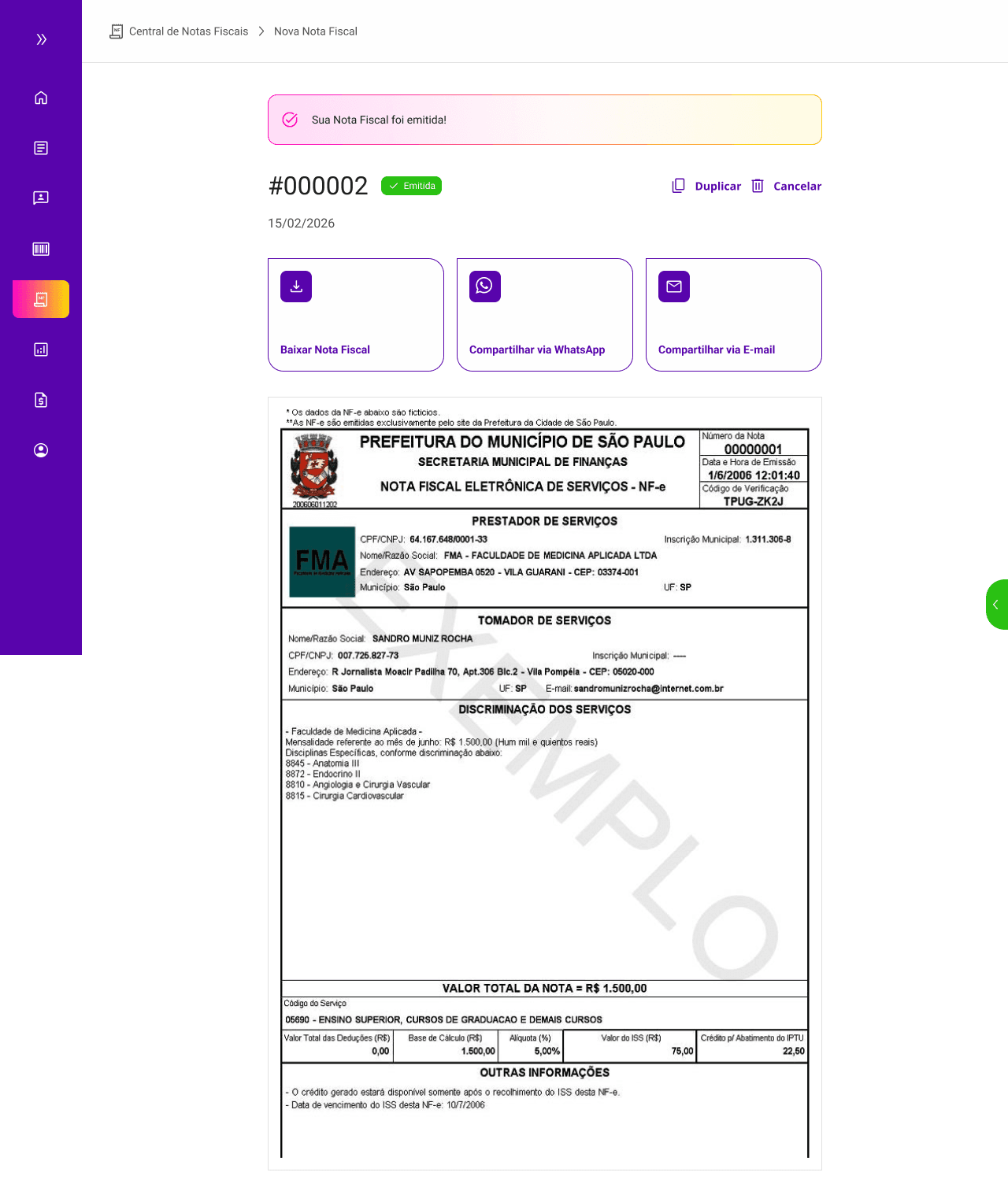 Nota fiscal emitida com opções de baixar, compartilhar via WhatsApp ou e-mail, duplicar e cancelar