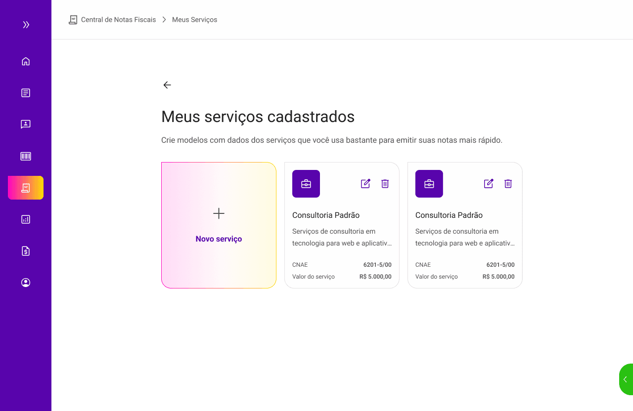 Tela Meus serviços cadastrados com modelos de serviço que guardam descrição, CNAE e valor